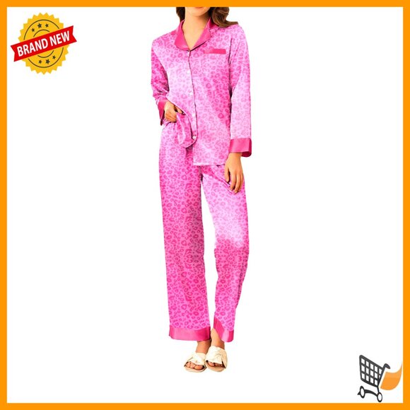 Satin Pajama Set Long Sleeve Button Down Lounge Sleepwear Silky Elegant